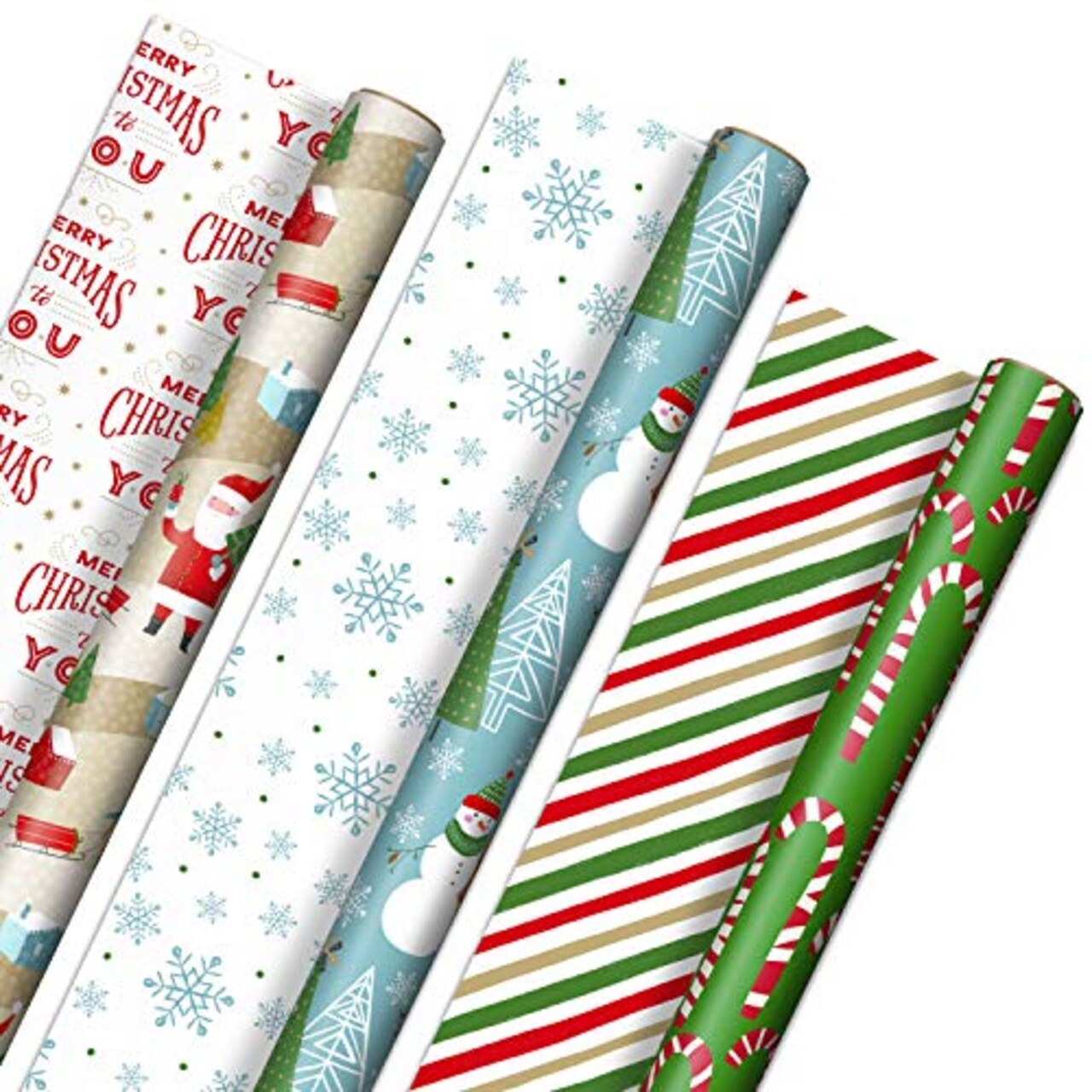 Hallmark Reversible Christmas Wrapping Paper (3 Rolls: 120 sq. ft. ttl)  Rustic Santa, Papercraft Snowmen, Candy Canes, Stripes, Snowflakes, Merry  Christmas to You
